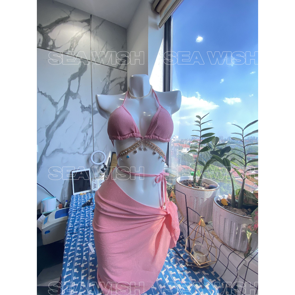 Set bikini đi biển 3 mảnh  màu hồng cam hot trend công chúa