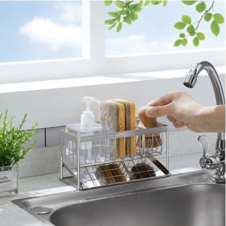 Khay inox 304 để đồ rửa chén bát kèm máng trượt nước 45 độ