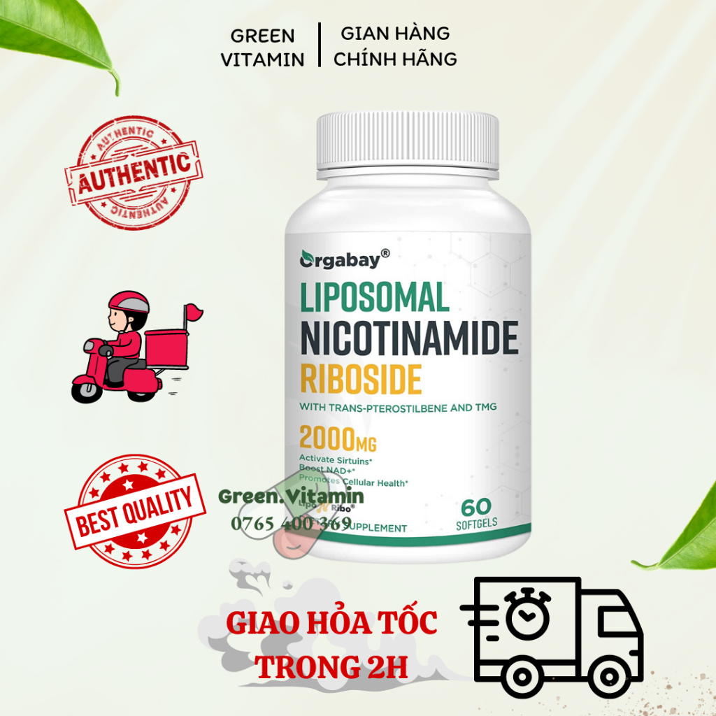 Viên uống NAD plus chống lão hóa, sửa chữa tế bào Orgabay Liposomal Nicotinamide Riboside 2000mg 60 viên