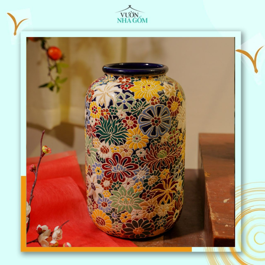 Bình hình trụ khắc hoạ tiết bách hoa, bình cắm hoa trang trí,decor ngày tết, bình hoa tết- Vườn Nhà Gốm