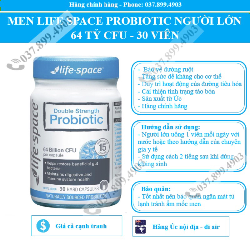 MEN VI SINH LIFE SPACE DOUBLE STRENGTH PROBIOTIC 64TỶ CFU 20-30 VIÊN