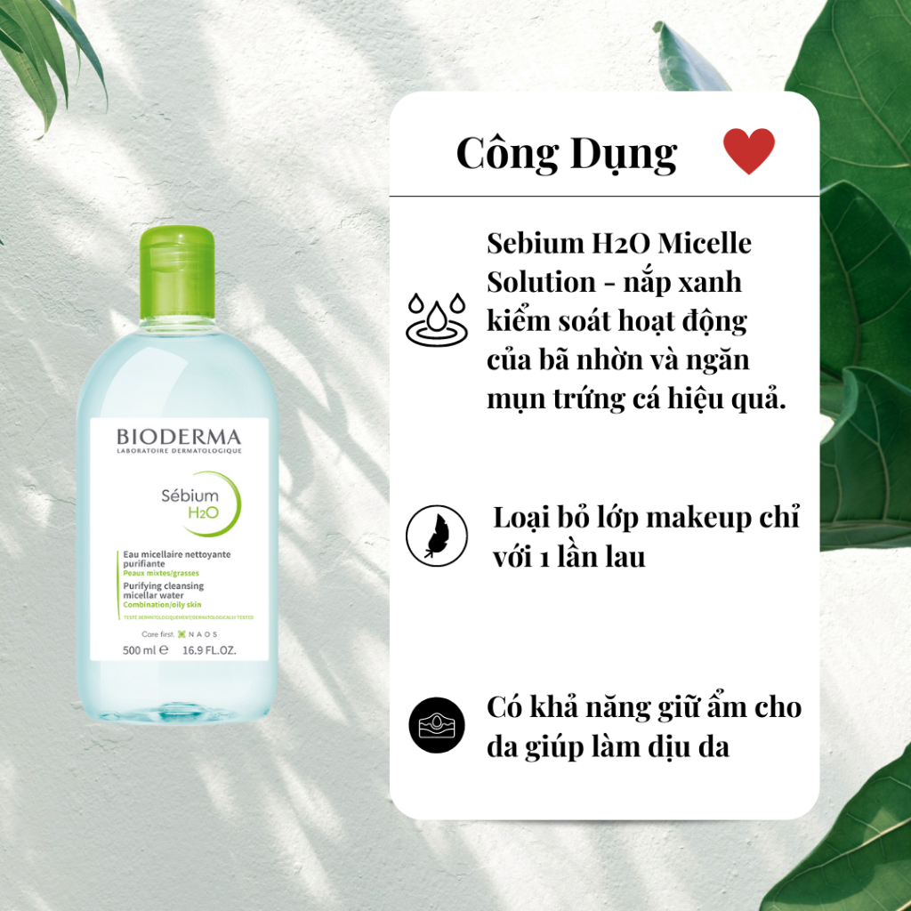 Nước Tẩy Trang Bioderma H20 Dành Cho Da Dầu Sebium, Da Nhạy Cảm Sensibio 500ml
