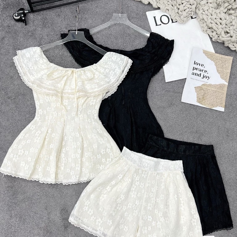 Set bộ ren trễ vai bèo hoa nổi kèm chân váy ren nhẹ nhành tiểu thư chuẩn ren loại 1