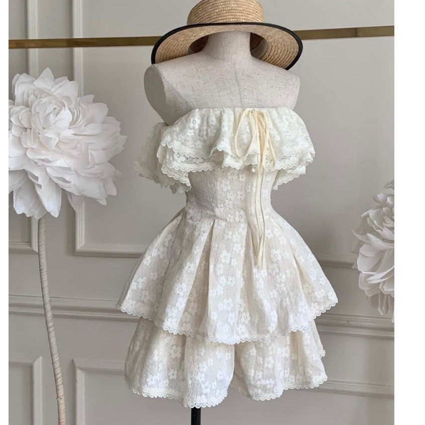 Set bộ ren trễ vai bèo hoa nổi kèm chân váy ren nhẹ nhành tiểu thư chuẩn ren loại 1