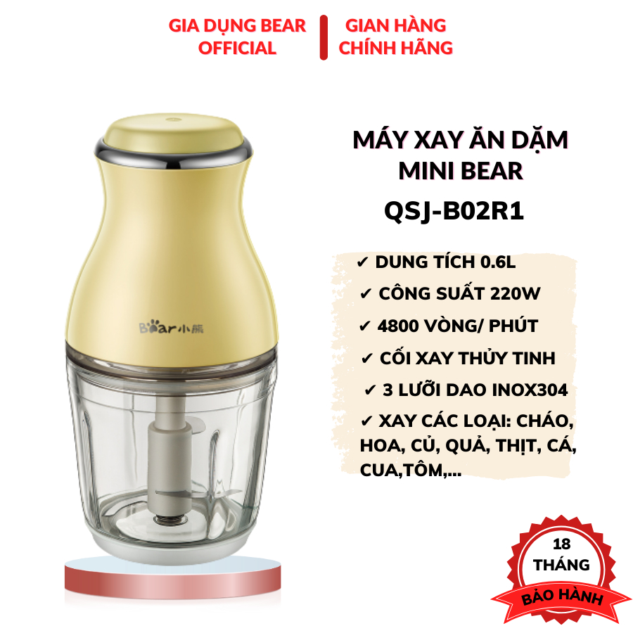 Máy xay thịt cá thực phẩm mini đa năng Bear QSJ-B02R1, xay thực phẩm đồ ăn dặm cho bé, cốc thuỷ tinh 600ml, BH 18 tháng