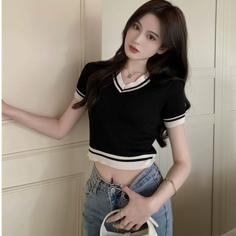 Áo croptop nữ tay ngắn kiểu cổ tim len gân dáng ôm body Áo thun dệt kim dáng ngắn phong cách Hàn Quốc trẻ trung