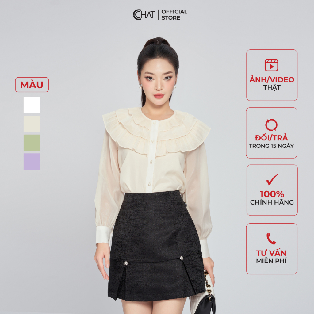 Áo Sơ Mi Nữ 𝐂𝐂𝐇𝐀𝐓 Kiểu Bèo Cổ 3 Tầng Dáng Suông Chất Voan Cao Cấp 13FDV8011ST