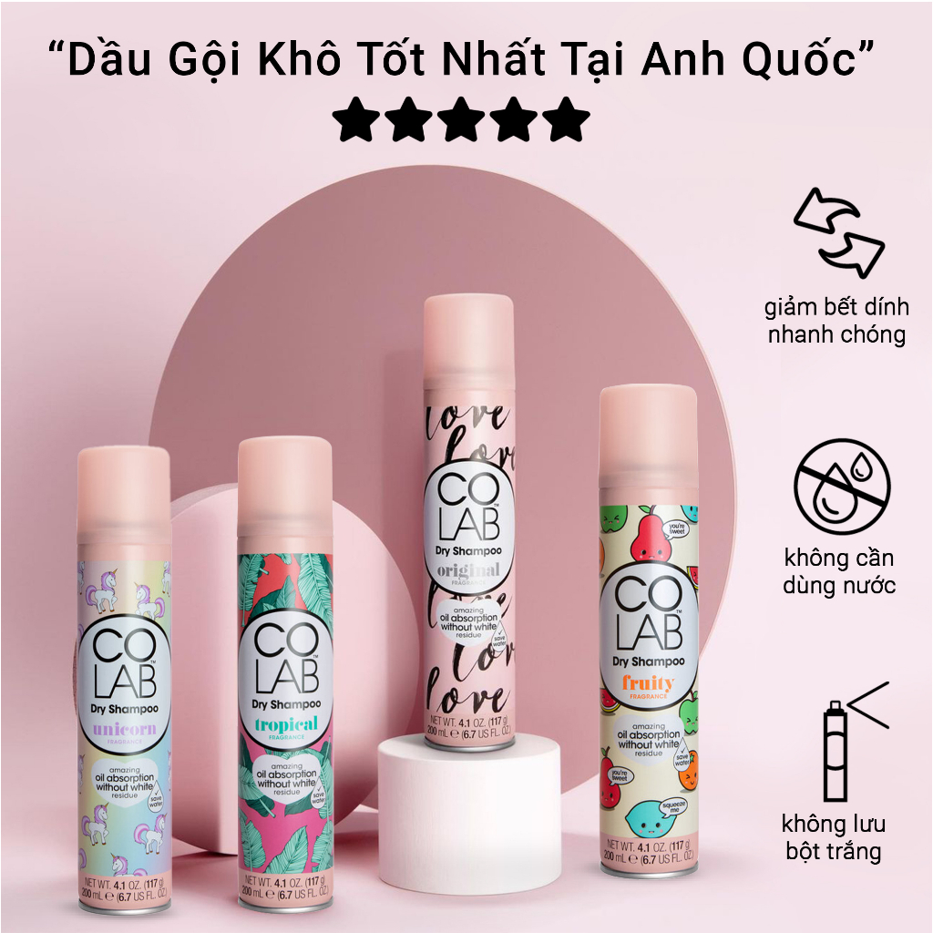 Dầu Gội Khô COLAB (Anh Quốc) | Dưỡng Tóc Mềm Mượt, Tóc Sạch Bồng Bềnh - Vào Nếp Sau 5 Giây (200ml)