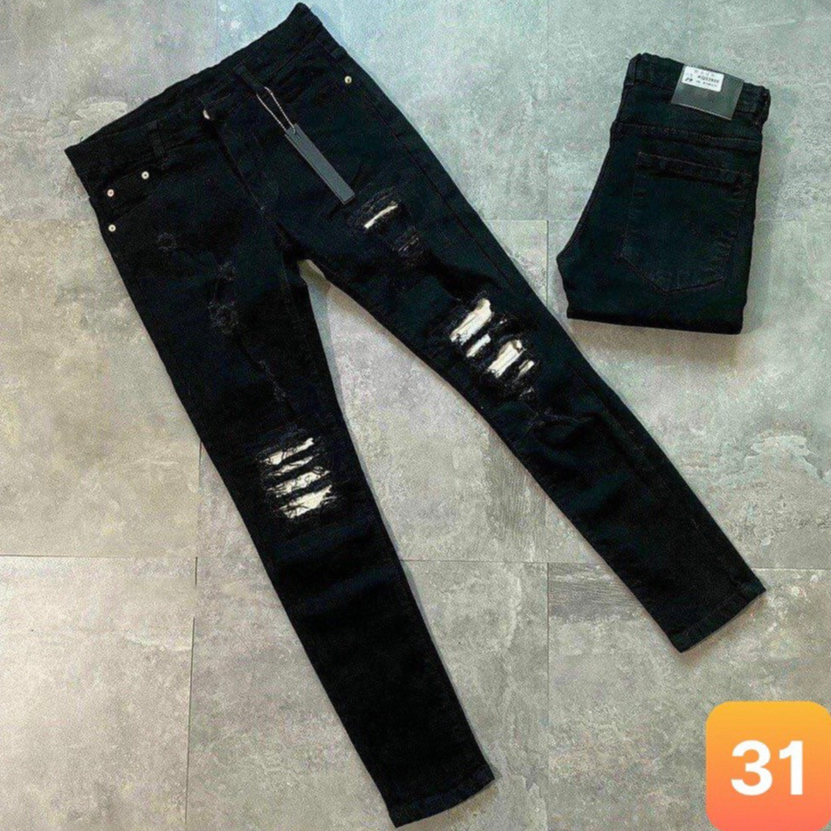 Quần jean nam rách gối màu đen trơn chất liệu bò cao cấp co dãn 4 chiều đẹp form rin skinny LAVADO 87 mẫu mới