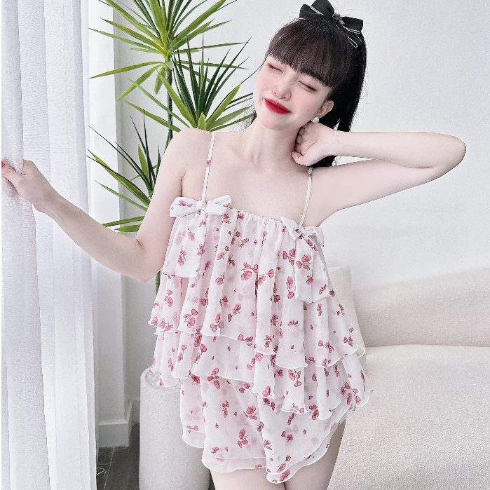 Đồ ngủ sexy SOJUN Bộ Voan Tầng 2 Nơ Dưới 65Kg
