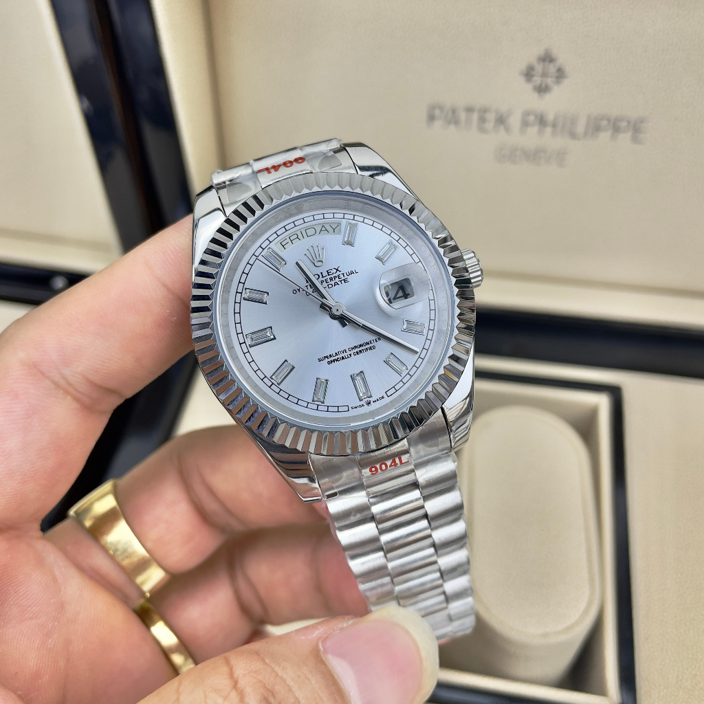 Đồng hồ Nam Rolexs số gạch đá day date  máy nhật dòng cơ Automatic -40mm dây kim loại vỏ trắng