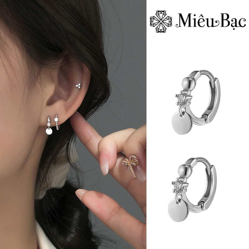 Bông tai bạc nữ Miêu Bạc tròn đá mix charm dễ thương chất liệu bạc S925 thời trang phụ kiện trang sức MB53
