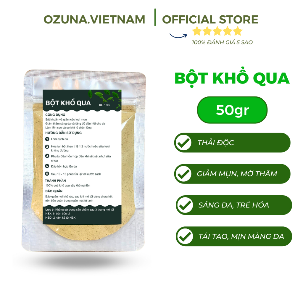 Bột khổ qua nguyên chất 100% Ozuna Việt Nam chăm sóc da giúp thải độc, giảm mụn, mát da 50gr