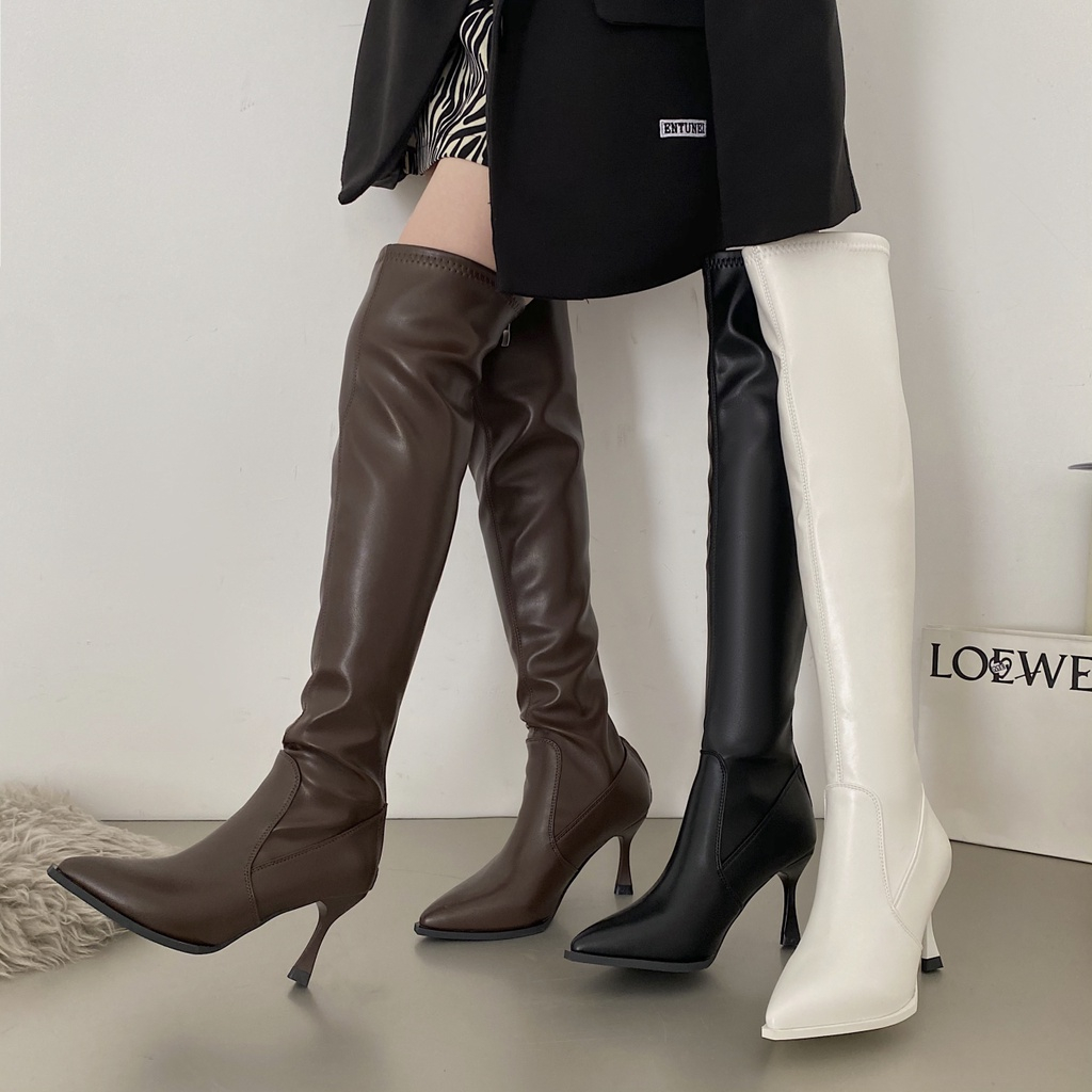 Bốt đùi da lì đế cao 8cm full màu đen, trắng và nâu cực xinh