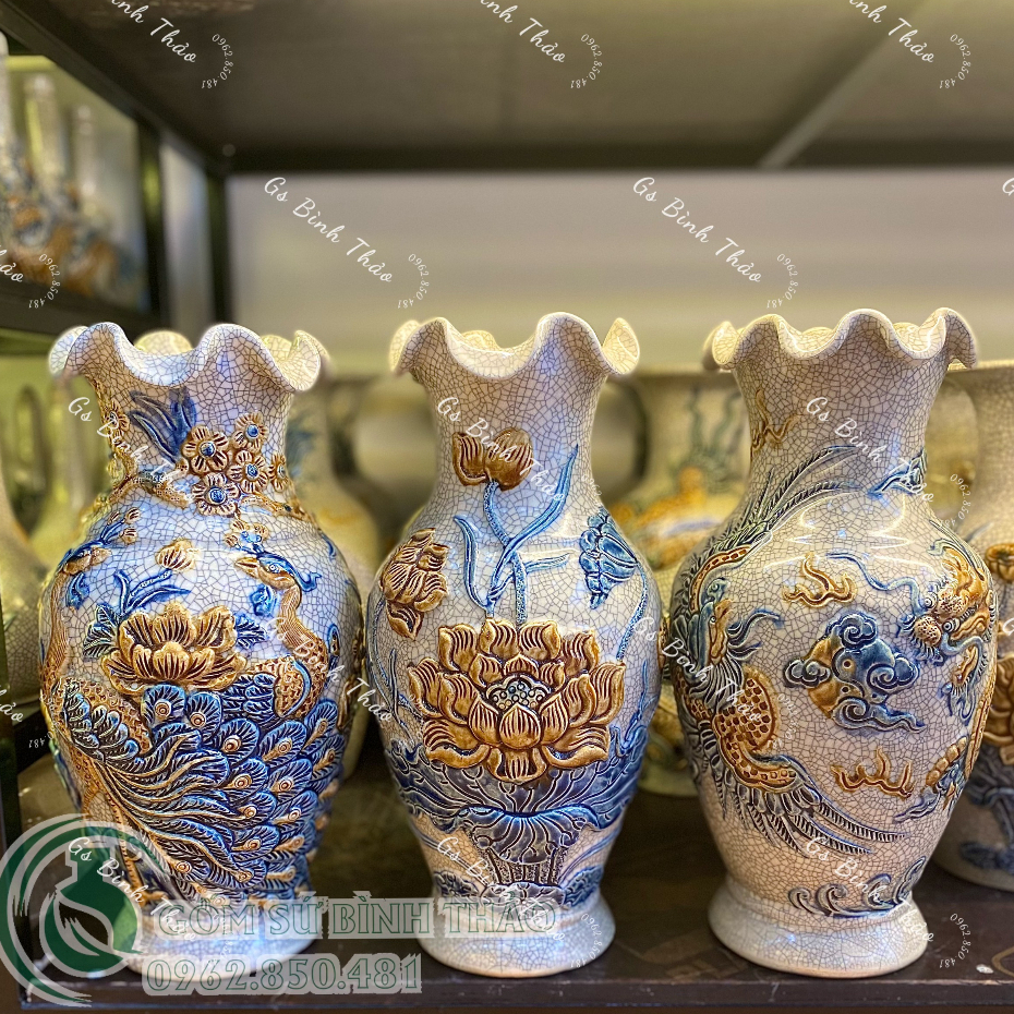 Lọ hoa miệng lượn rồng phượng, công đào, hoa sen cao 32cm men rạn Bát Tràng