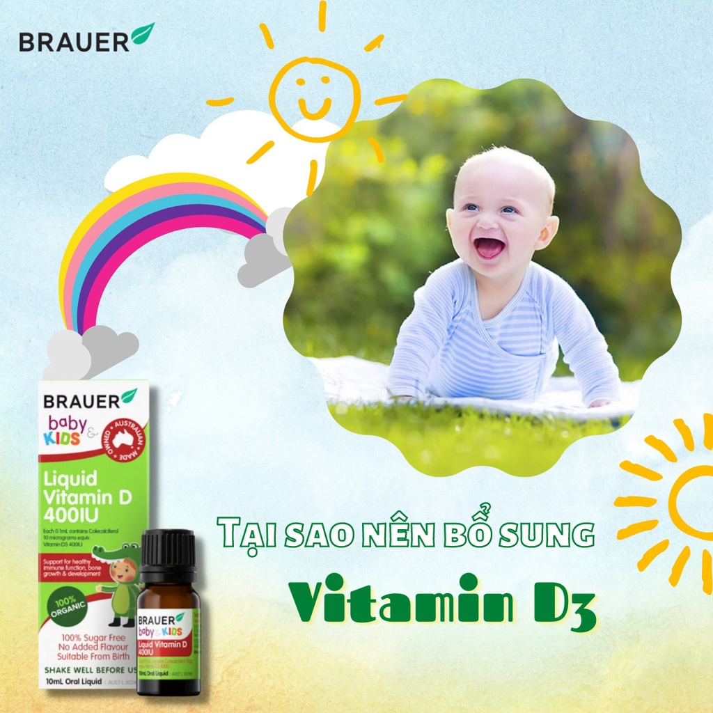 Vitamin D3 Cho Bé Từ Sơ Sinh Brauer Baby & Kids Liquid Vitamin D 400IU,Giúp tăng hấp thu canxi và miễn dịch