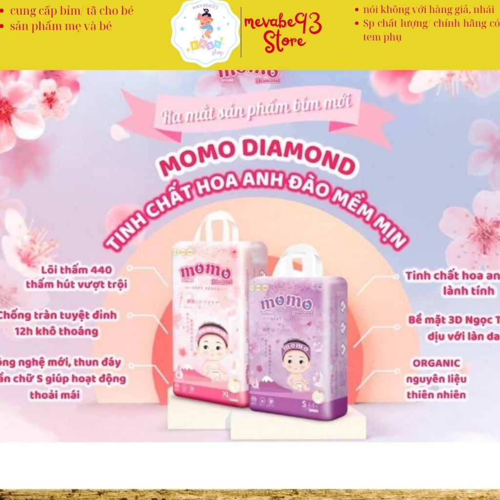 Bỉm Quần Dán Momo Diamond Hữu Cơ Cao Cấp S64 M62 M60 L54 XL50 XXL48 XXXL46