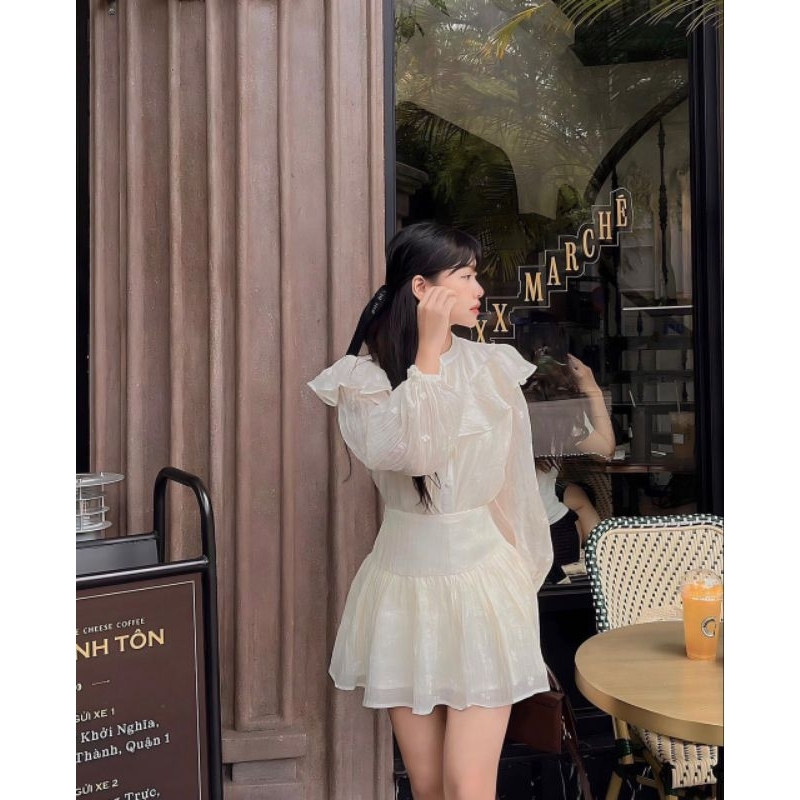 SET VÁY BE HOA TƠ BÈO yena.closet - Set đồ nữ 2 món áo sơ mi thiết kế cổ V vai bèo kèm chân váy xòe 2 lớp có lót ulzzang