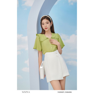 Áo sơ mi cổ bèo tay rủ vintage chất tằm xanh cốm YOONA - YH2S007