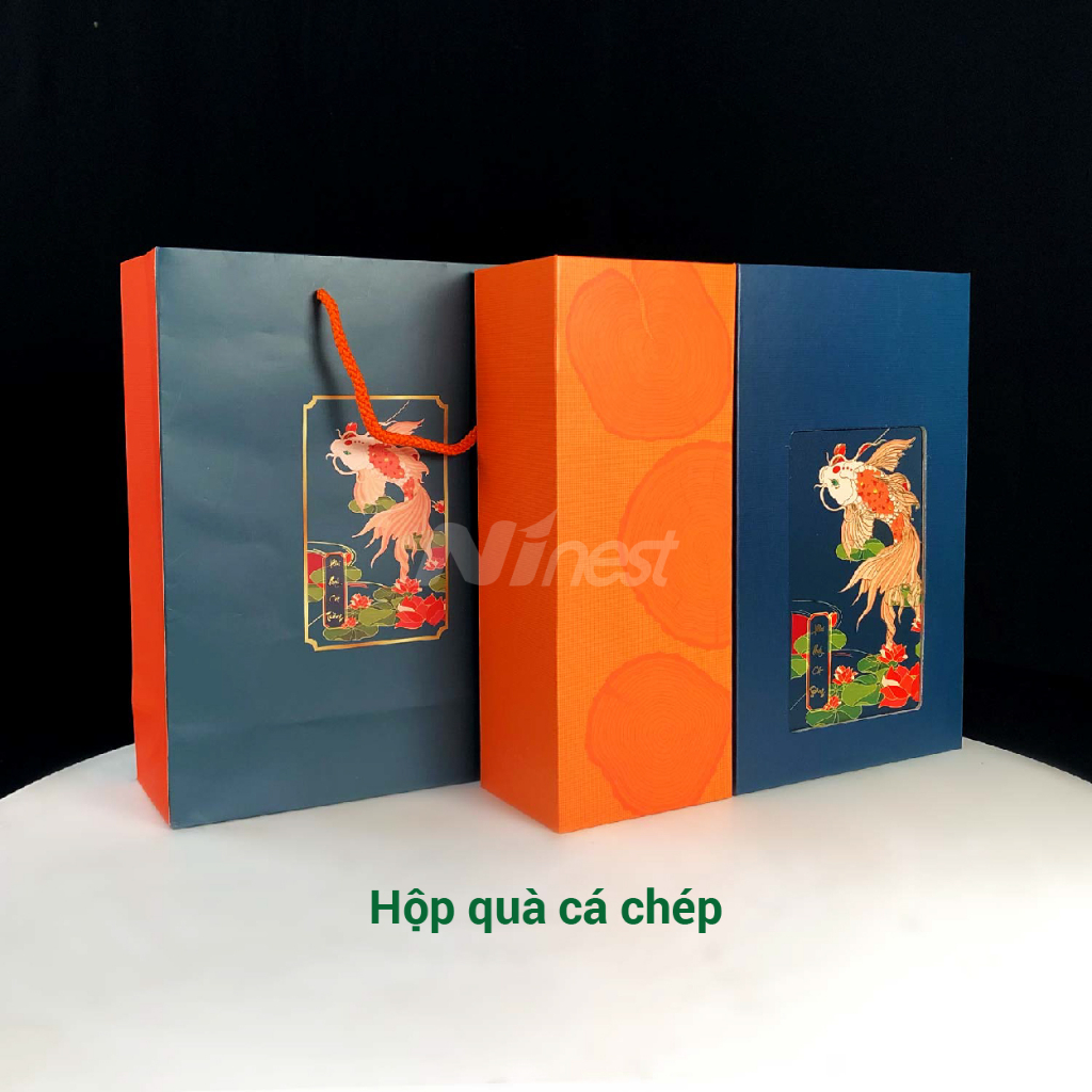 Hộp quà đựng yến cao cấp, cá chép in sắc nét, giấy cứng - Đựng 100g yến, có túi giấy