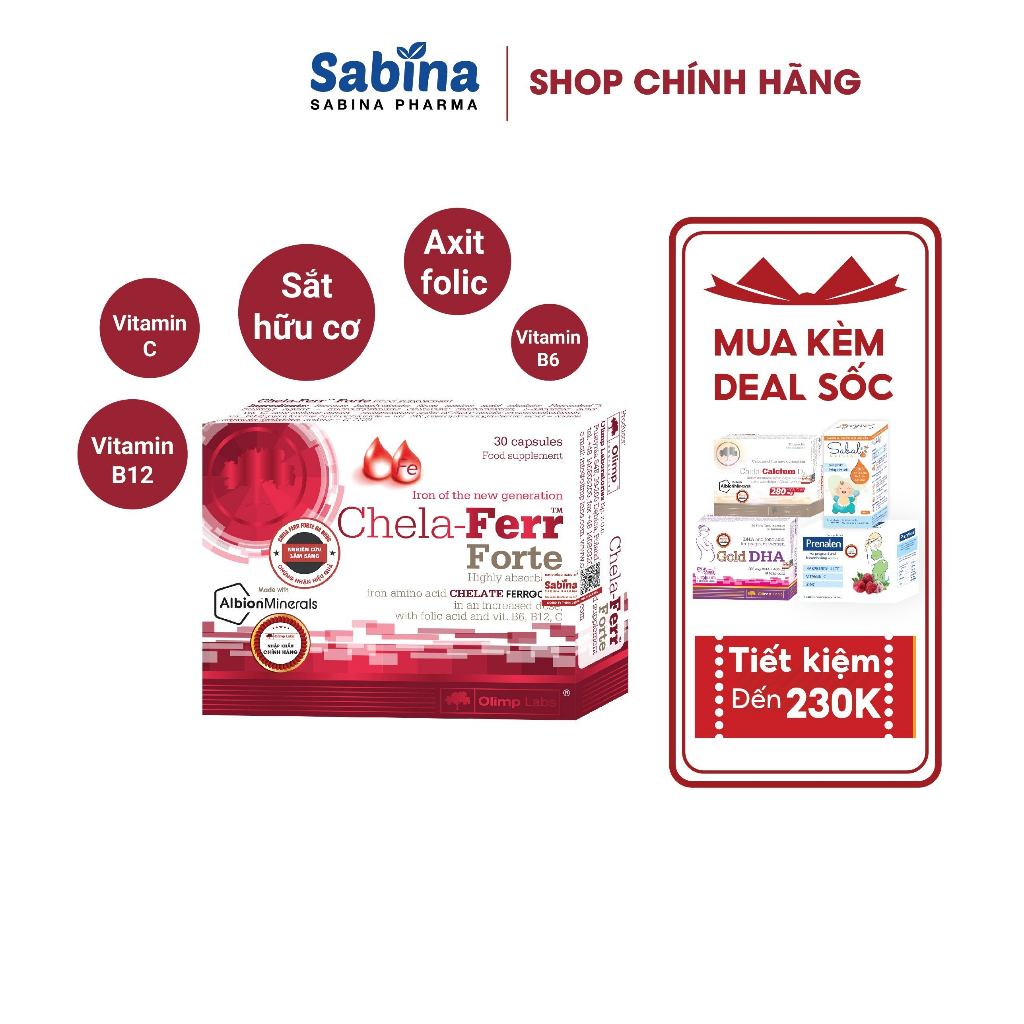 Sắt Chela-Ferr® Forte (Olimp Labs)  –Viên sắt cho bà bầu hỗ trợ bổ sung và dễ hấp thu sắt 30 viên, 11,4g