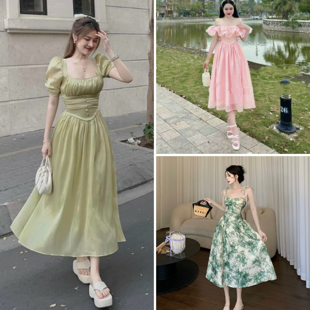 Váy đầm nữ dáng xòe xếp ly duyên dáng đáng yêu, đầm váy nữ dự tiệc cổ vuông xếp tầng phối nơ eo siêu xinh T1119