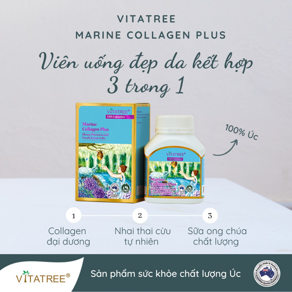 Combo 2 hộp viên uống bổ sung collagen Vitatree marine collagen plus 100 viên giúp trẻ hoá làn da