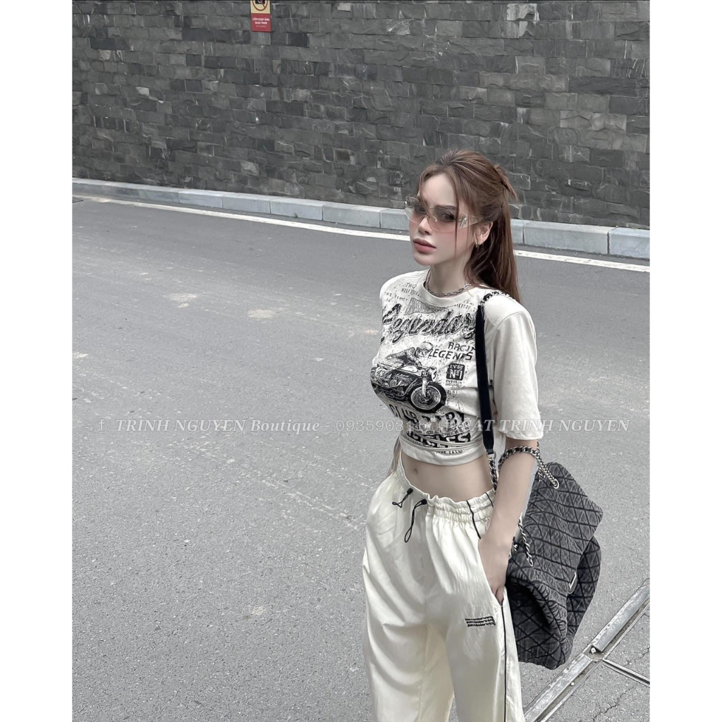 SET ÁO CROPTOP IN HÌNH + QUẦN SUÔNG VIỀN RÚT DÂY LƯNG THUN 2 MÀU