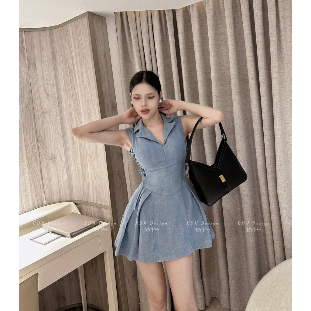 ĐẦM SÁT NÁCH JEAN CỔ SƠ MI XƯỢC XANH XẾP 2 BÊN (TH)