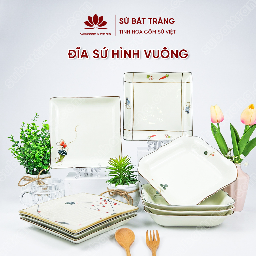Đĩa sứ hình vuông nhiều họa tiết lựa chọn cao cấp Bát tràng