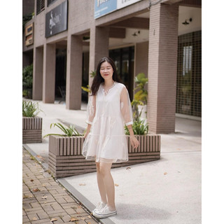Đầm baby doll vải lưới lông vũ RUCHAN