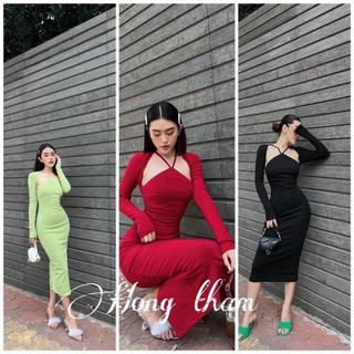 Sét Đầm body cổ Yếm Kèm Áo Khoác coptop Chất Thun Tăm nhuyễn dầy vặn-rubyshopxinh _clothers