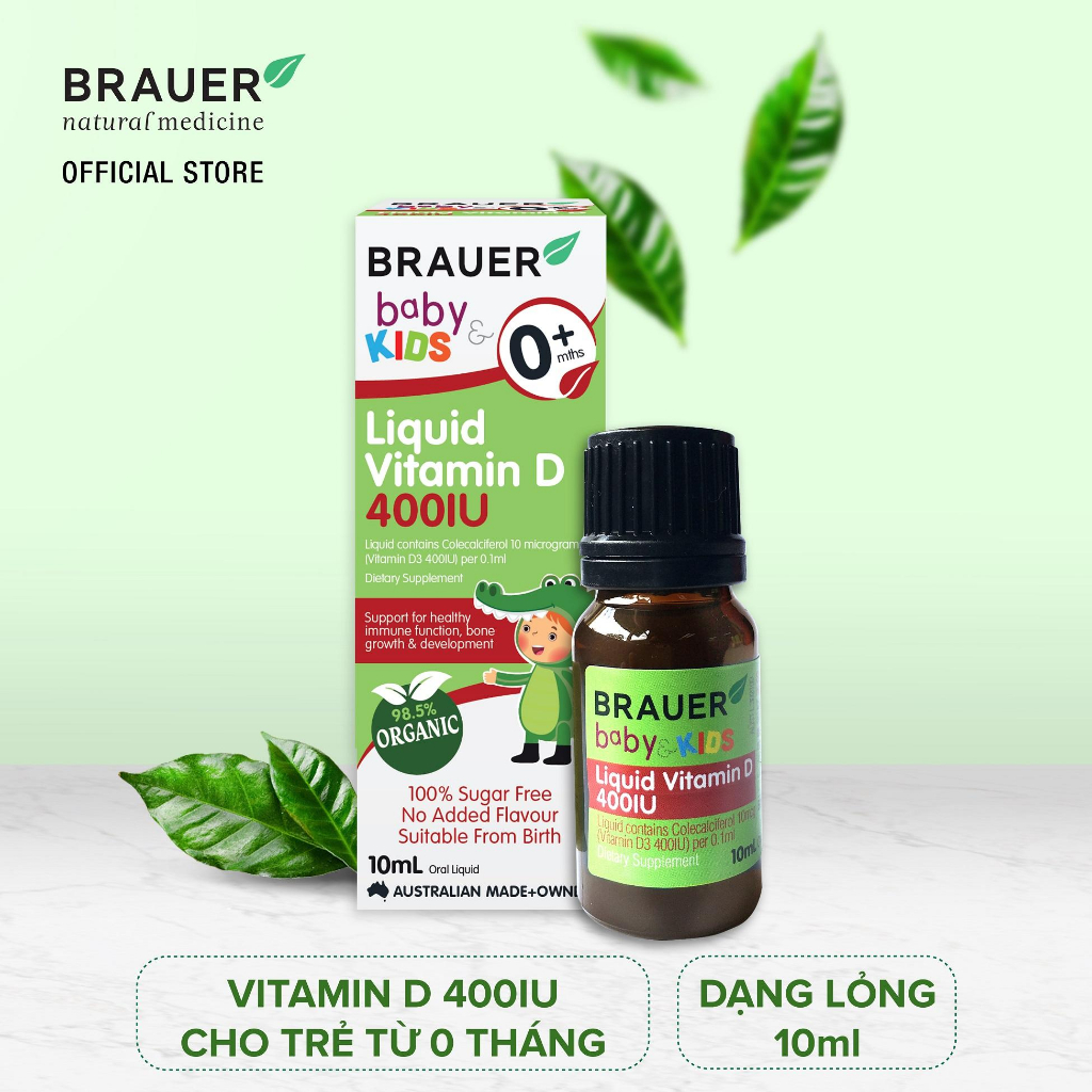 Vitamin D3 Cho Bé Từ Sơ Sinh Brauer Baby & Kids Liquid Vitamin D 400IU,Giúp tăng hấp thu canxi và miễn dịch