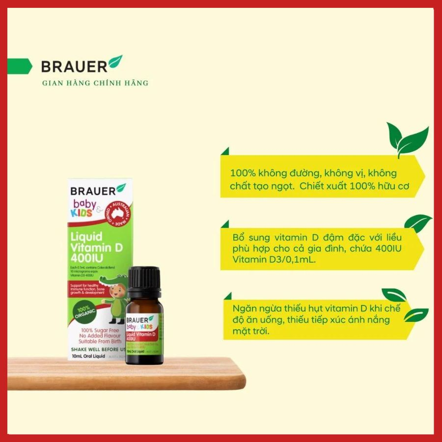 Vitamin D3 Cho Bé Từ Sơ Sinh Brauer Baby & Kids Liquid Vitamin D 400IU,Giúp tăng hấp thu canxi và miễn dịch