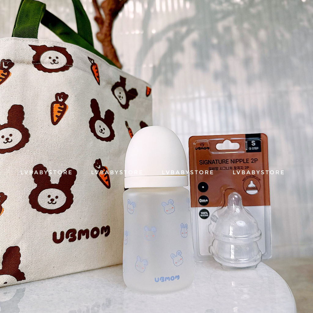 MUA 1 BÌNH UB MOM THỦY TINH + 1 SET NÚM TẶNG 1 TÚI VẢI UBMOM CHÍNH HÃNG