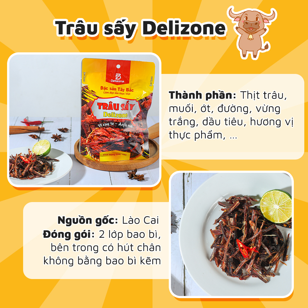 Trâu sấy vị cay tê Delizone - thịt trâu sấy nguyên miếng tẩm 60g gia vị tê cay, đảm bảo ATTP