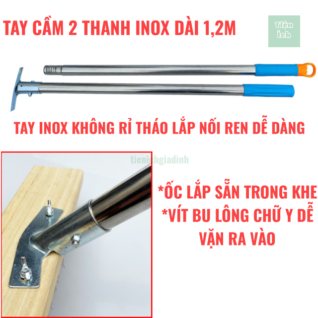 Cây Chà Sàn Sợi Thép Không Rỉ Kích Thước 20cm 30cm 50cm Tay Cầm Thanh Inox Dài 1,2 Mét