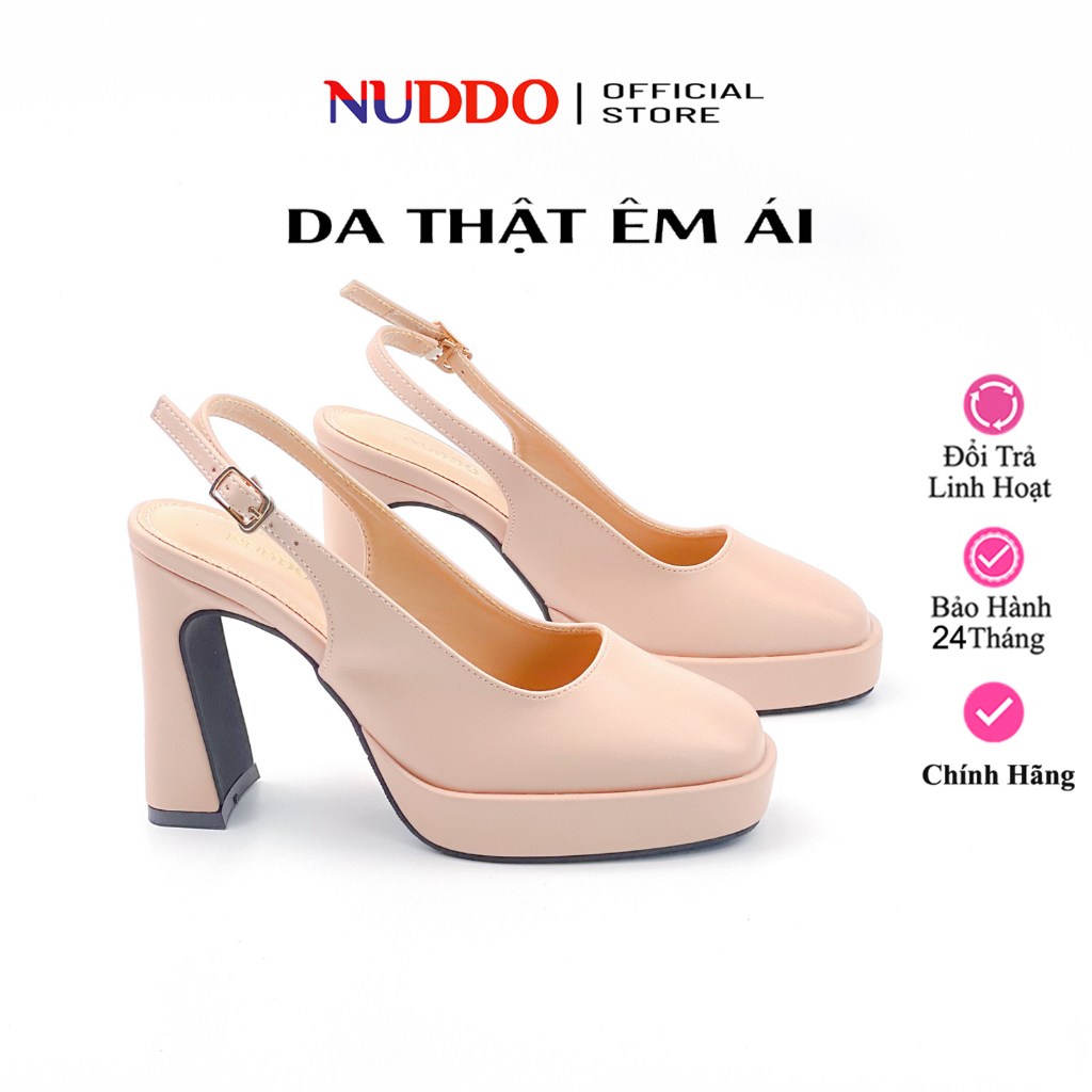 Giày Cao Gót Nữ Bít Mũi Đế Vuông 9 Phân Da Thật, Guốc Nữ Đế Đúp Mũi Vuông 9cm Dáng Slingback Thanh Lịch NUDDO N961