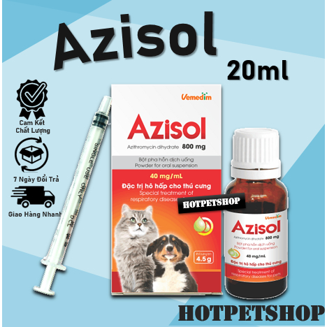 Azisol 20ml - Hỗ trợ tình trạng nhiễm khuẩn đường hô hấp, tiêu hóa, tiết niệu trên chó mèo, gà đá, gia cầm