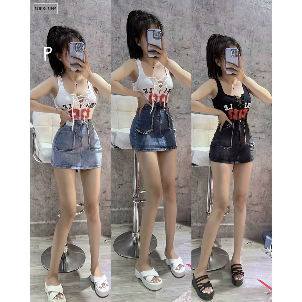 Chân váy jean kiểu 2 túi bên tua rua cực hot , chất jean co giãn nhẹ