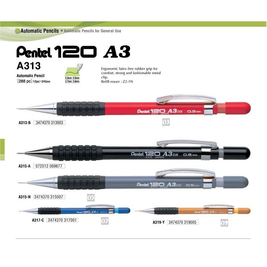 Bút chì kim kỹ thuật Pentel 120 A3 | Bút chì kim bằng thép A313 / A315 / A317 / A319