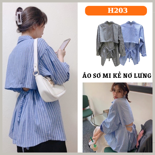 Áo sơ mi kẻ buộc nơ lưng 2 màu xanh đen✅H203