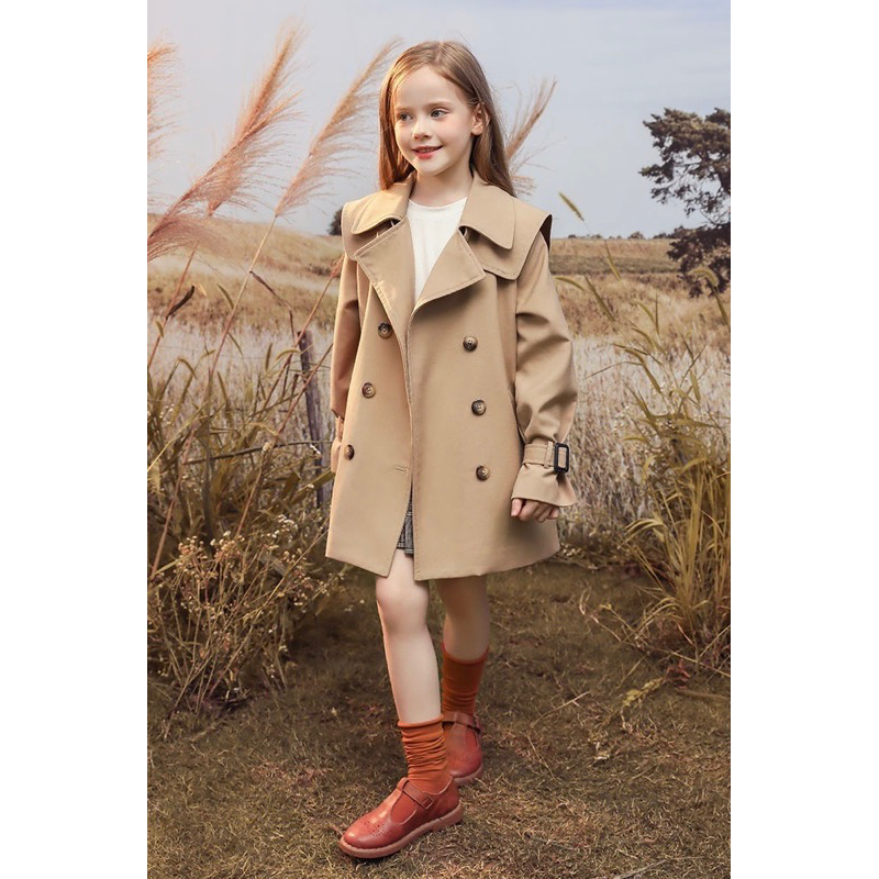 Áo Khoác thu đông kaki dáng Dài Cho Bé Gái Phong Cách Hàn Quốc, Phong Cách Phương Tây cổ điển