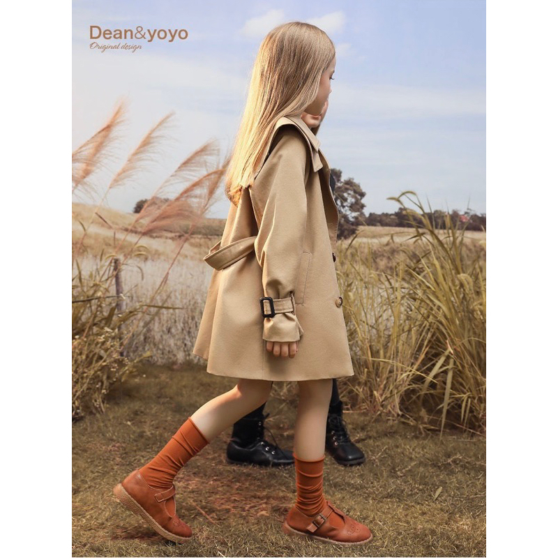 Áo Khoác thu đông kaki dáng Dài Cho Bé Gái Phong Cách Hàn Quốc, Phong Cách Phương Tây cổ điển