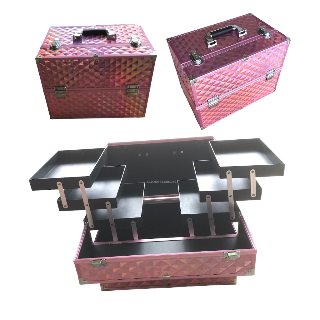 Cốp 3 Tầng Đựng Đồ Nail,Mi, Phun Xăm, Trang Điểm,Cốp Nhôm 2 Khuy Size 37x29x23 Hộp Đựng Đồ Nghề Make Up,Tủ Nhôm Loại Lớn