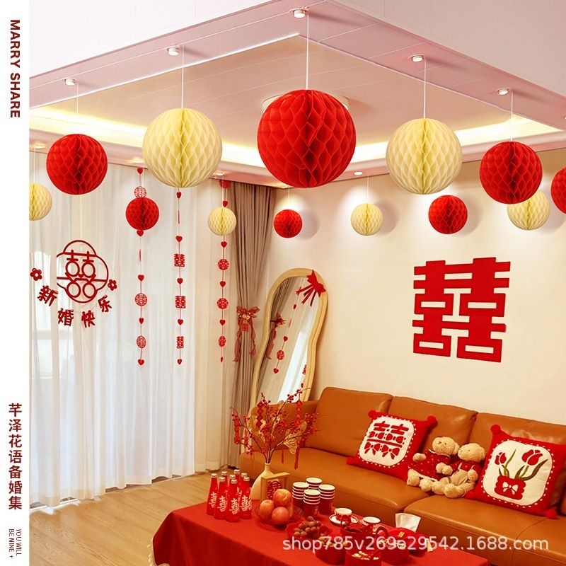 Quả cầu giấy xếp trang trí tiệc cưới Trung hoa lẻ, sinh nhật đèn lồng tổ