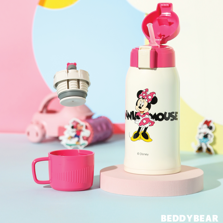 Ship 2h Bình giữ nhiệt Trẻ em Beddy Bear Chuột Mickey Hồng dành cho bé Gái - dung tích 600 ml - 2 nắp thay thế - BH 1năm