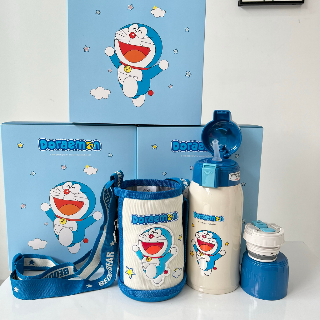 Bình giữ nhiệt cho Bé Doraemon xanh - Chính hãng 100% BeddyBear - Dung tích 600 ml - 2 Nắp thay thế - Inox 316 -bh 1 năm