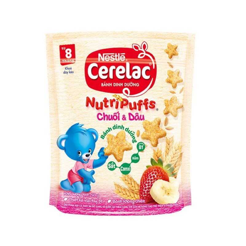 HSD 3 24 bánh ăn dặm nestle cerelac Nutripuffs vị chuối dâu.- túi 50gcó