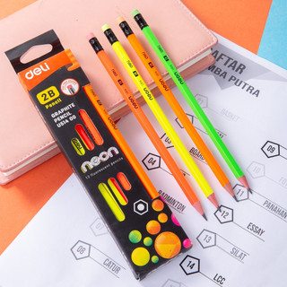 Bút chì neon 2b deli nhiều màu sắc, thân lục giác và có tẩy đi kèm
